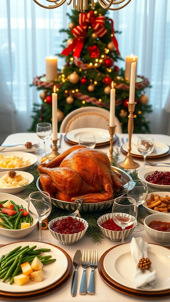 A festive Christmas dinner table with roast turkey, mashed potatoes, green beans, and cranberry sauce.